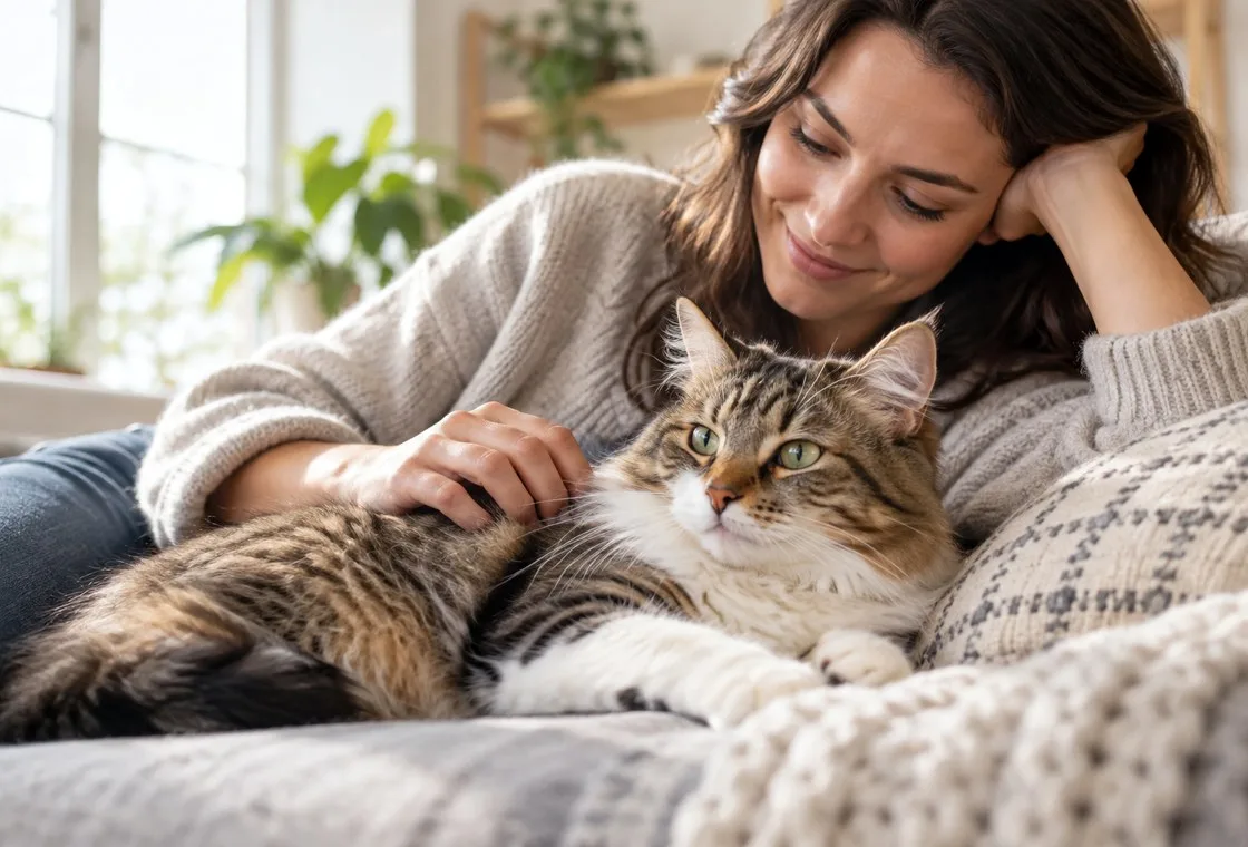 Owner petting long-haired tabby cat resting on blanket
